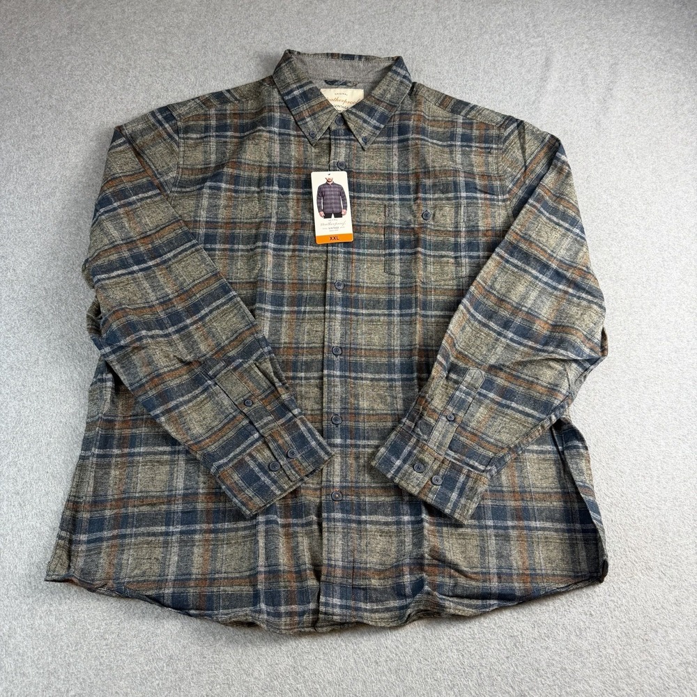 Weatherproof Vintage Mens XXL Brown Blue Plaid Flannel Button Down Shirt NWT